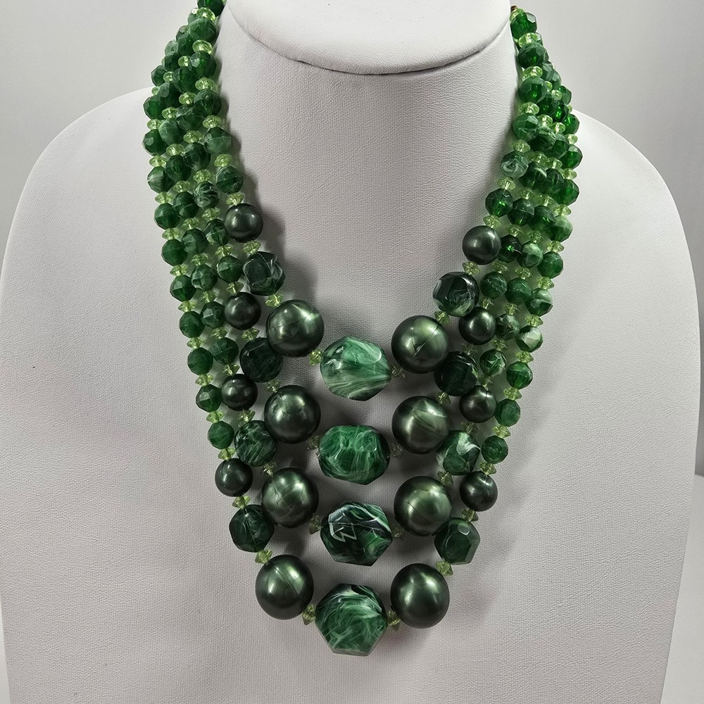 Vintage Green Multi Strand Beaded Statement Necklace Graduated Tiered Marbled - Picture 4 of 10